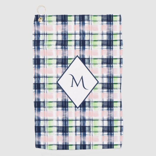 Brushstroke Navy Blue Preppy Plaid Monogram Golfhanddoek (Voorkant)