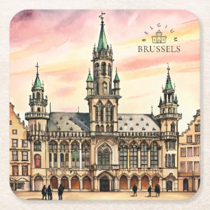 Brussel België Aquarel Grote Paleis Vierkante Kartonnen Onderzetter