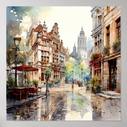 Brussel België Reizen Waterverf Kunst Print (Voorkant)
