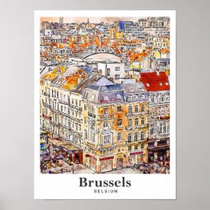 Brussel België Travel Waterverf Hand getekend Poster