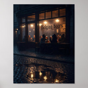Brussel Regenachtige Nacht Herberg Gloeiende Poste Poster