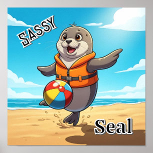 Brutale Zeehond Mooie Cartoon Kunst voor Kinderk Poster
