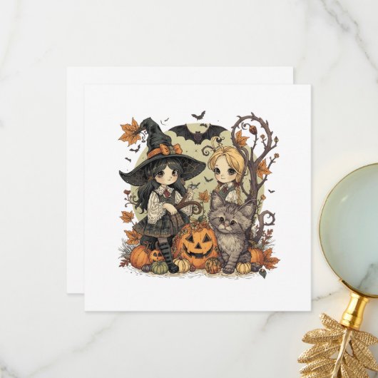 Bruxinhas Kawaii com Gatinho e Abóboras Bedankkaart (Voorkant / Achterkant in situ)