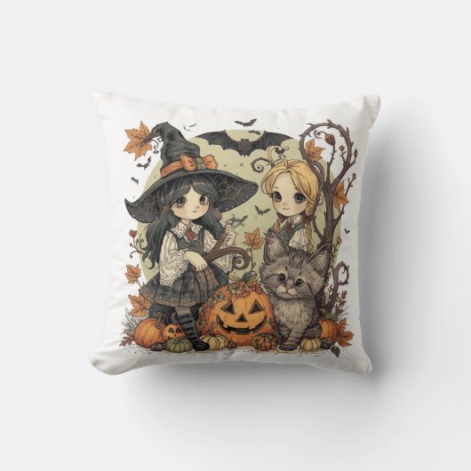 Bruxinhas Kawaii com Gatinho e Abóboras Kussen (Voorkant)