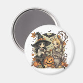 Bruxinhas Kawaii com Gatinho e Abóboras  Magneet (Voorkant / Achterkant)