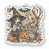 Bruxinhas Kawaii com Gatinho e Abóboras  Sticker (Voorkant)