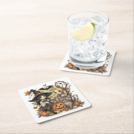 Bruxinhas Kawaii com Gatinho e Abóboras  Vierkante Kartonnen Onderzetter