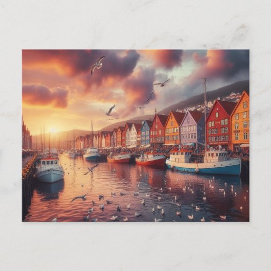 bryggen bergen noorwegen vroege ochtend briefkaart (Voorkant)