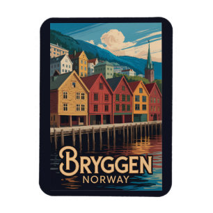 Bryggen Noorwegen Illustratie Reis Kunst Bergen Magneet