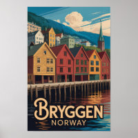Bryggen Noorwegen Illustratie Reis Kunst Bergen