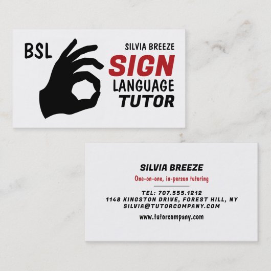 BSL, oké Gesture, Sign Language Tutor, leraar Visitekaartje (Voorkant / Achterkant)
