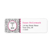 BSN RN LPN Damast Caduceus Zwart Heet roze Etiket (Voorkant)