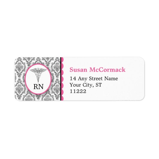 BSN RN LPN Damast Caduceus Zwart Heet roze Etiket (Voorkant)