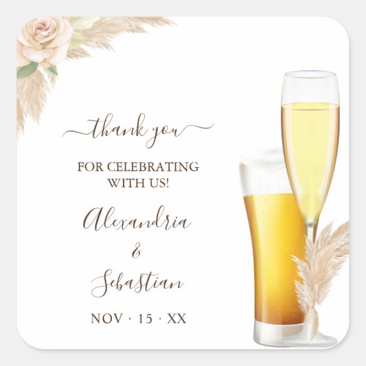 Bubbels en brouwsels Dank u Pampa Grass Bruiloft Vierkante Sticker (Voorkant)