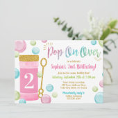 Bubble Birthday Invitation | Waterverf Roze, meisj Kaart (Staand voorkant)