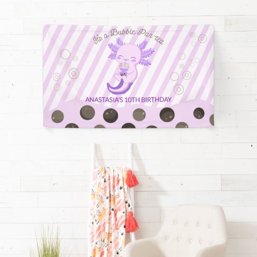 Bubble Boba Tea Paarse Axolotl Verjaardagsfeest Spandoek (Insitu)