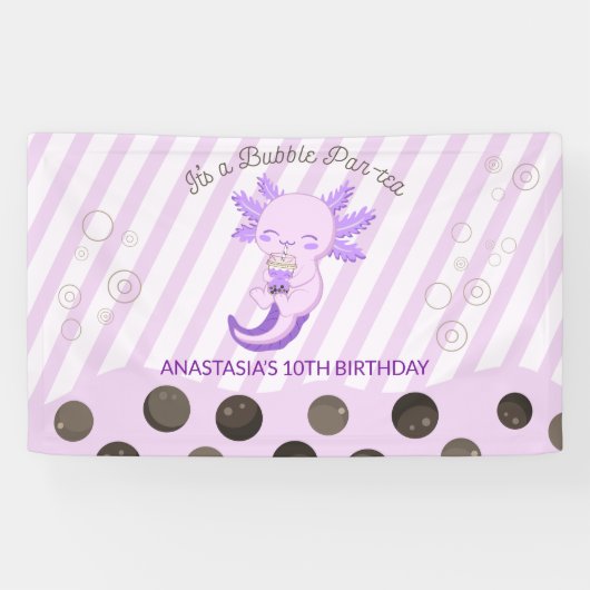 Bubble Boba Tea Paarse Axolotl Verjaardagsfeest Spandoek (Horizontaal)
