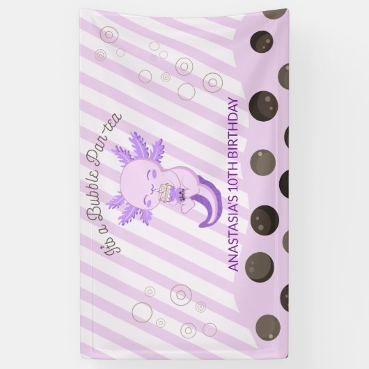 Bubble Boba Tea Paarse Axolotl Verjaardagsfeest Spandoek (Verticaal)