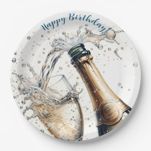 Bubble Champagne Happy Birthday Papieren Bordje (Voorkant)