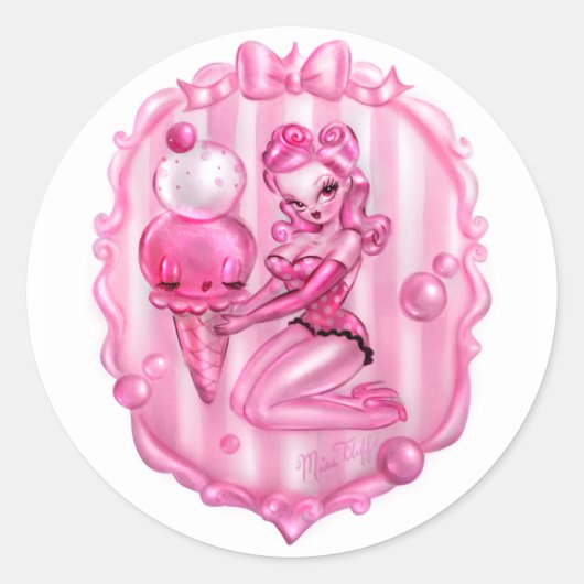 Bubble Gum Ice Cream Pin Up Ronde Sticker (Voorkant)