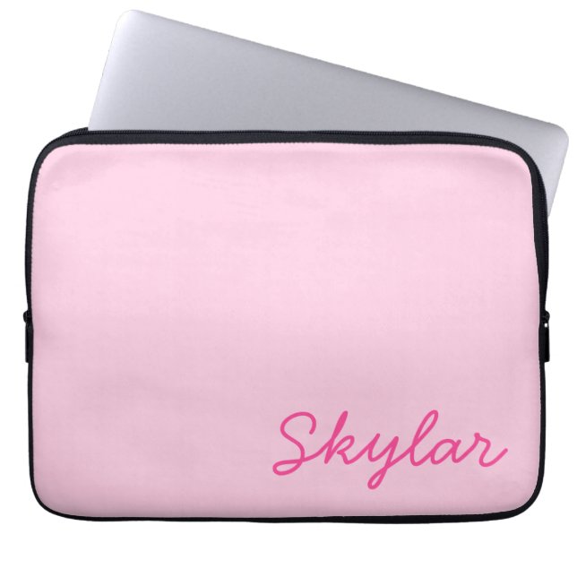 Bubble Gum Pink Hot Roze Aangepaste Cursieve Naam Laptop Sleeve (Voorkant)