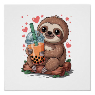 Bubble Kawaii Luiaard Drinkende Boba Thee T-Shirt Perfect Poster