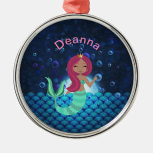 Bubble Mermaid in Green en Blue in Moonlit Ocean Metalen Ornament