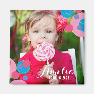 Bubble Pink & Blue Polka Dots Kids Birthday Foto Magneet