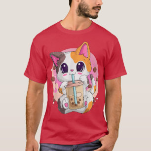 Bubble Tea Cat Anime Shirten for Women, Kawaii Nek T-shirt