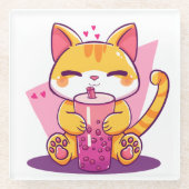 Bubble Tea Kitty Glazen Onderzetter (Voorkant)