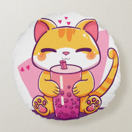 Bubble Tea Kitty Rond Kussen