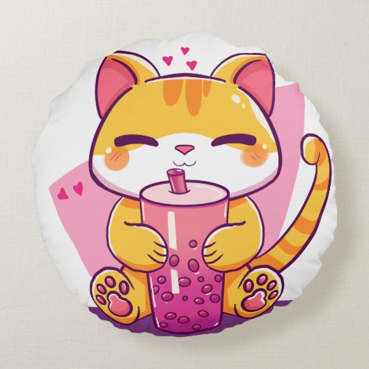 Bubble Tea Kitty Rond Kussen (Achterkant)