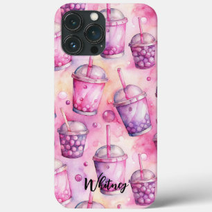 Bubble tea roze paarse waterverf Naam iPhone 13 Pro Max Hoesje