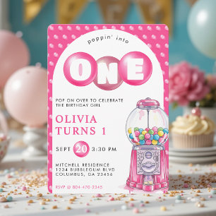 Bubblegum Pink Poppin 'Girl 1st Birthday Party Kaart