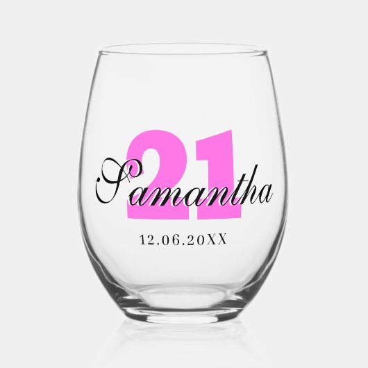 Bubblegum Verjaardagsnummer | Zwart 3D Naam Datum Wijnglas Zonder Voet (Voorkant)