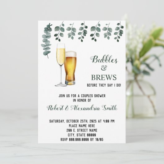 Bubbles & Breedparen bruiloft Eucalyptus Kaart (Staand voorkant)