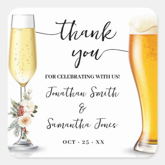 Bubbles & Brews Thank You Winter Wedding Vierkante Sticker (Voorkant)