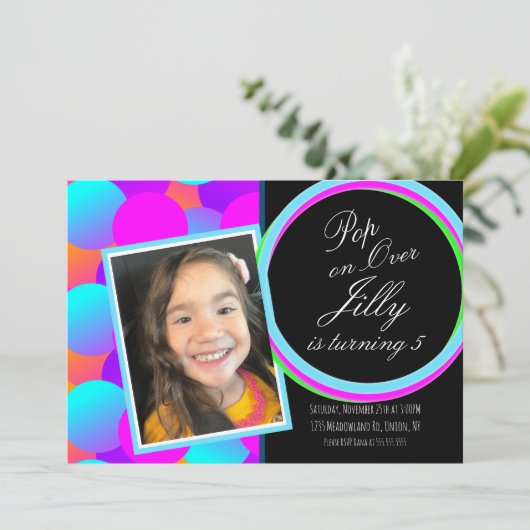 Bubbles Pop over Neon Theme Foto Birthday Party Kaart (Staand voorkant)