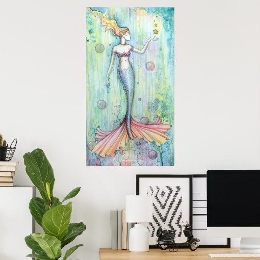 Bubbles Waterverf Mermaid Poster Print (Thuiskantoor)