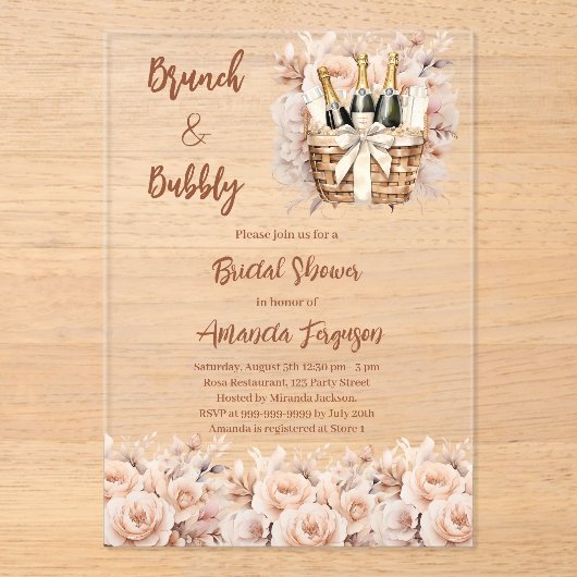 Bubbly brunch beige perzik rozen Vrijgezellenfeest Acryl Uitnodigingen (Voorkant)
