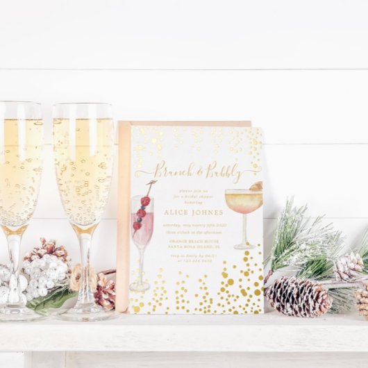 Bubbly Cocktails Gold Glitter Bridal Brunch Folie Uitnodiging
