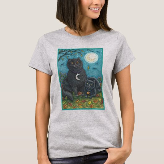 BUBO & PYEWACKET BLACK CAT HALLOWEEN T-SHIRT Grey (Voorkant)