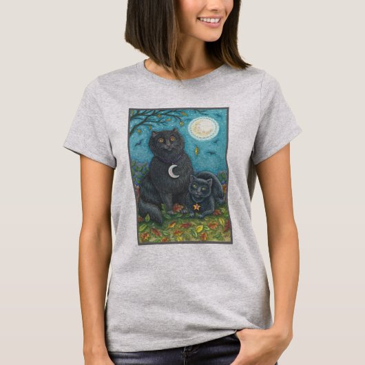 BUBO & PYEWACKET BLACK CAT HALLOWEEN T-SHIRT Grey (Voorkant)