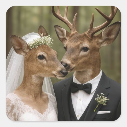 Buck and Doe Deer Wedding In Forest Vierkante Sticker (Voorkant)