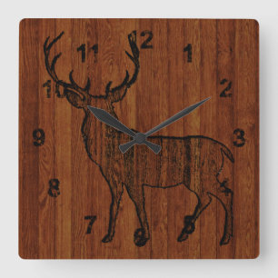 Buck Deer Carved In Wood Printed Vierkante Klok