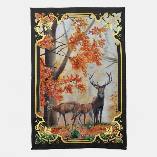 Buck Deer en doe in het herfst bos/fancy ontwerp Theedoek (Verticaal)