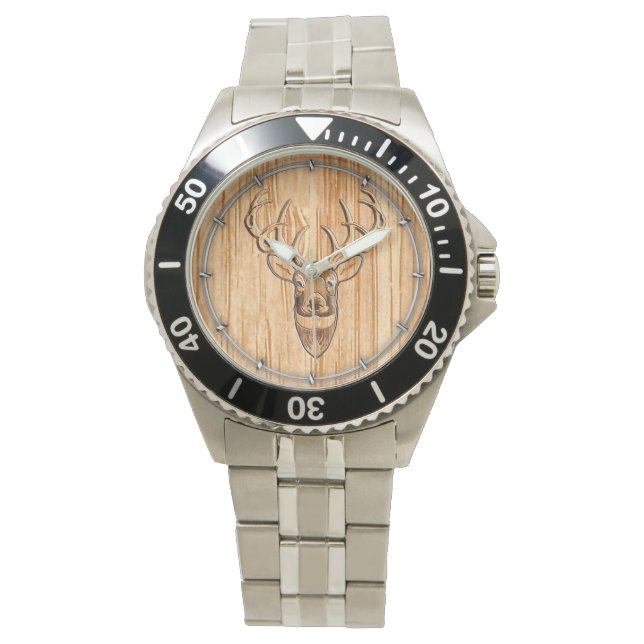 Buck Deer Head Wood Gray Style Horloge (Voorkant)