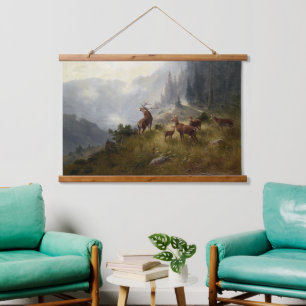 Buck & Doe Deer Herd in Forest Landscape Art Hangend Wandkleed