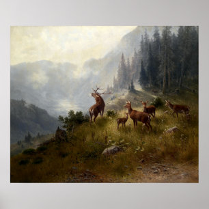 Buck & Doe Deer Herd in Forest Landscape Art Poster