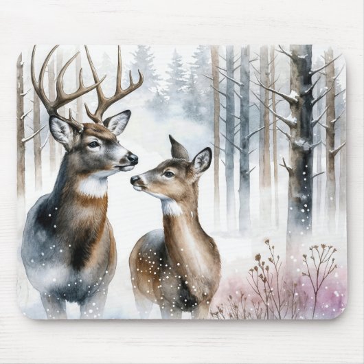 Buck en Doe in de winter Bossen Muismat (Voorkant)